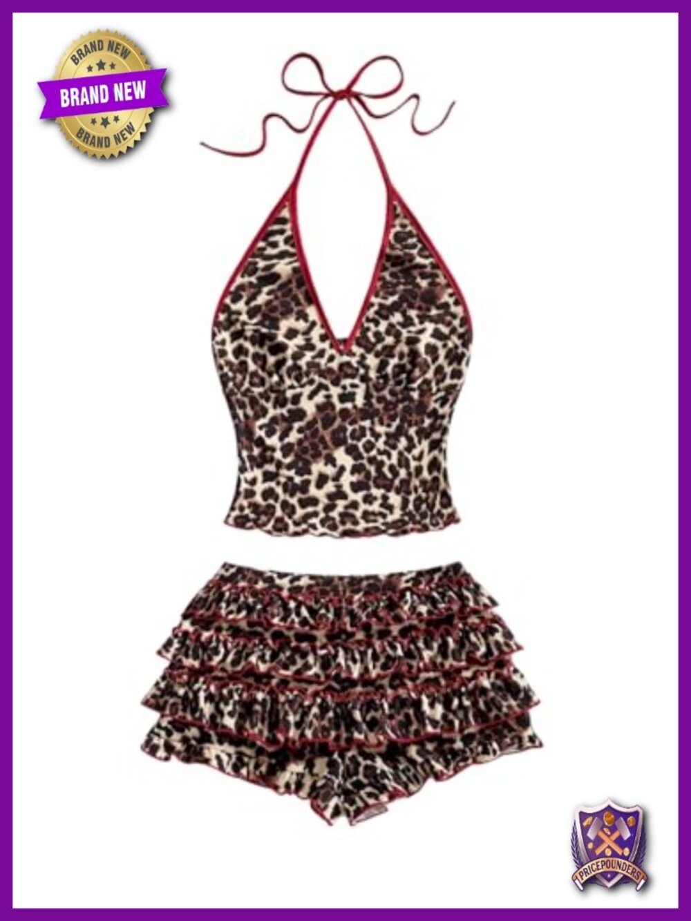 Women's Leopard Print 2 Piece Halter Top Mini Shorts Set Y2K